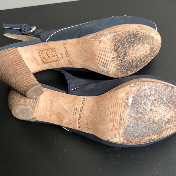Cafe Noir Slingback Peep Toe High Heels Blue Suede Jewel Detail Wood Heel Size 7 - Picture 7 of 10
